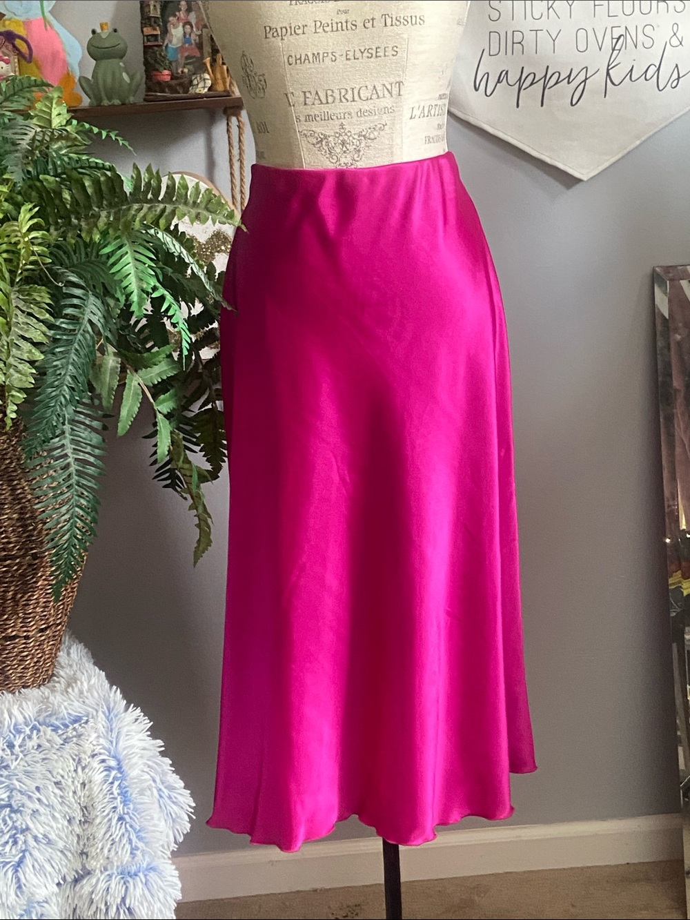 Nicole Miller LARGE Metallic Bright Pink Satin Midi Skirt - Picture 2 of 7